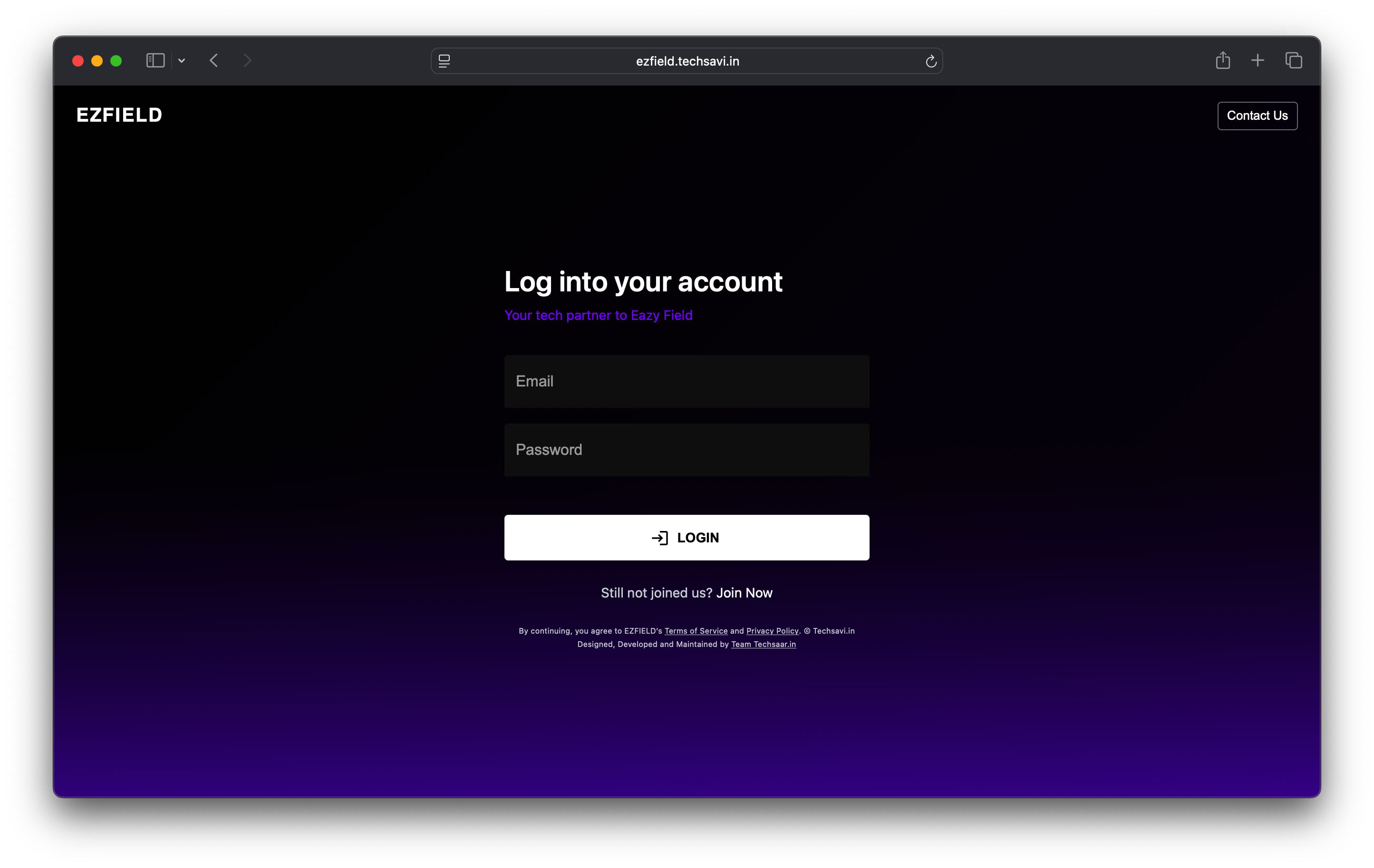 EZField Login Screen